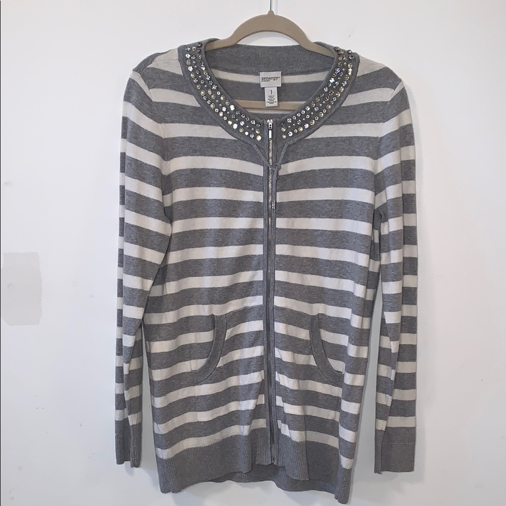 Chico’s Gray and White Striped Cardigan